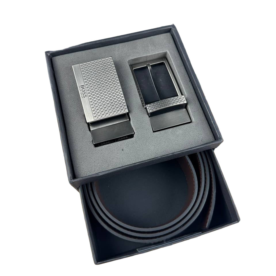 HUGO BOSS Reversible Leather Belt Set with Two Textured Buckles 🖤🎁✨