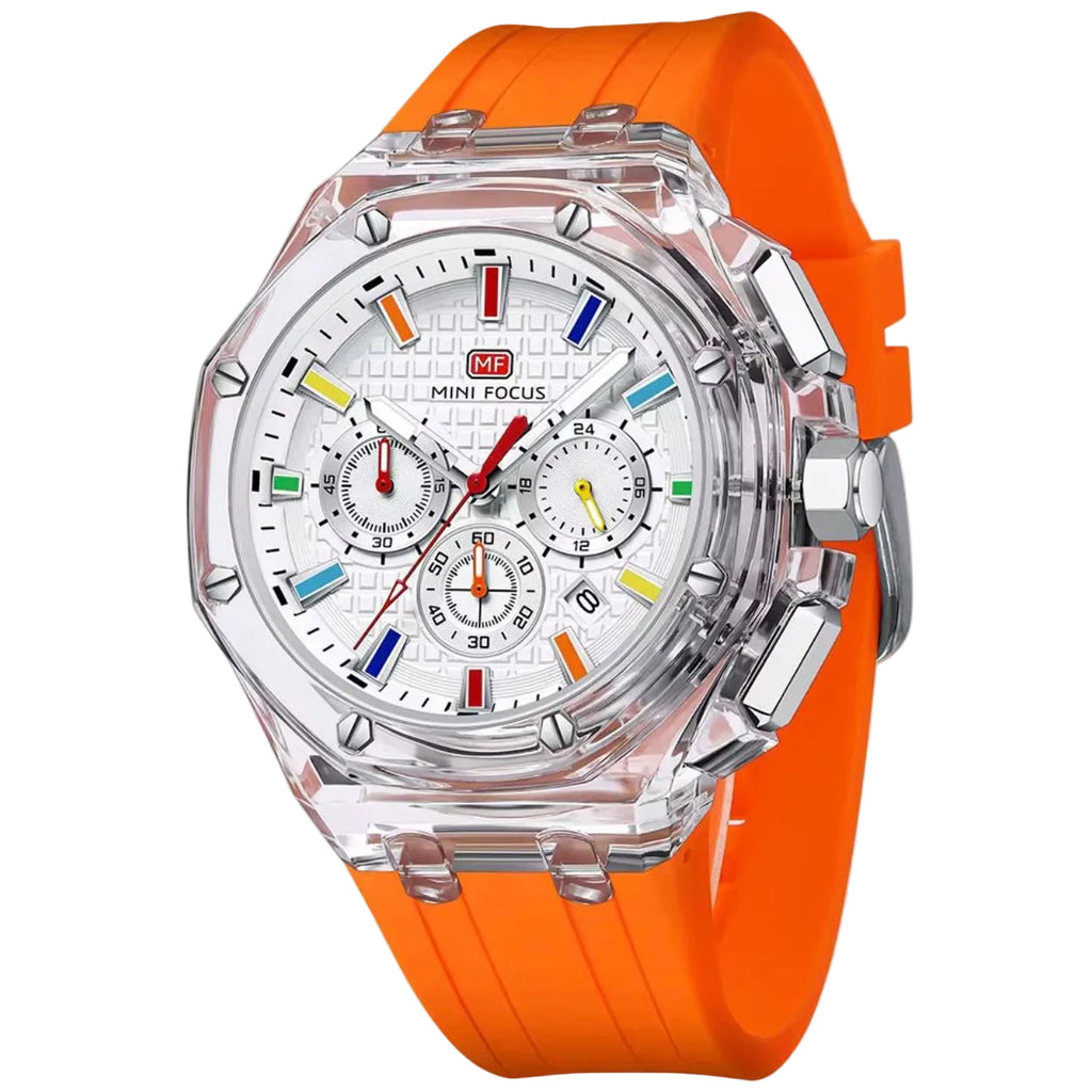 Mini Focus Sport Chronograph Watch with Transparent Case and Orange Silicone Strap ⌚✨🔥