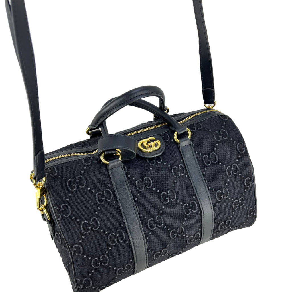 Gucci Black Monogram Canvas Boston Bag with Leather Trim 🖤👜✨