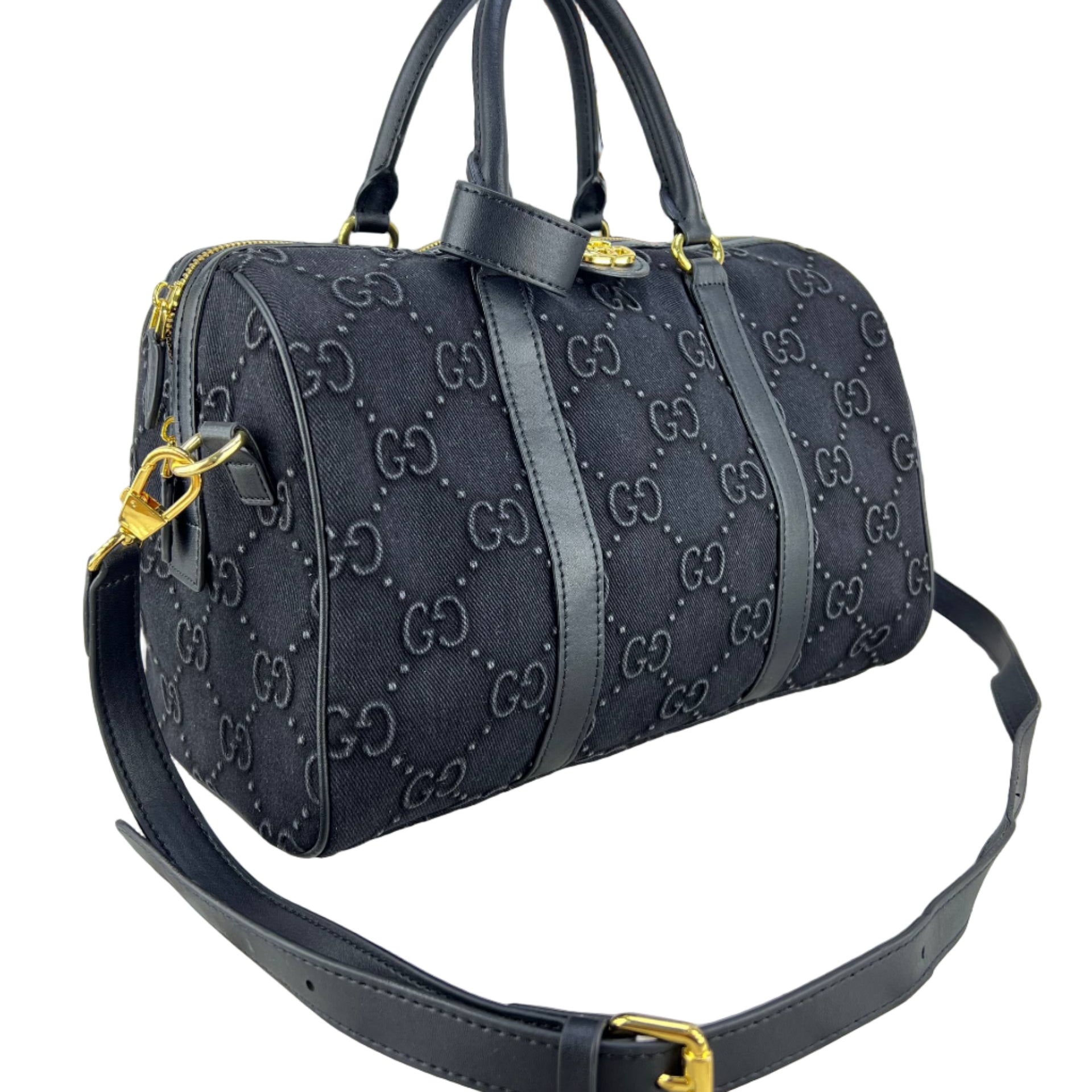 Gucci Black Monogram Canvas Boston Bag with Leather Trim 🖤👜✨