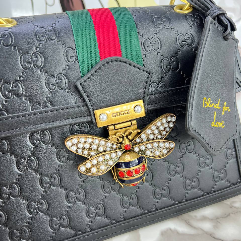 Gucci Queen Margaret Black Embossed Bag with Crystal Bee and Web Strap 🐝🖤❤️