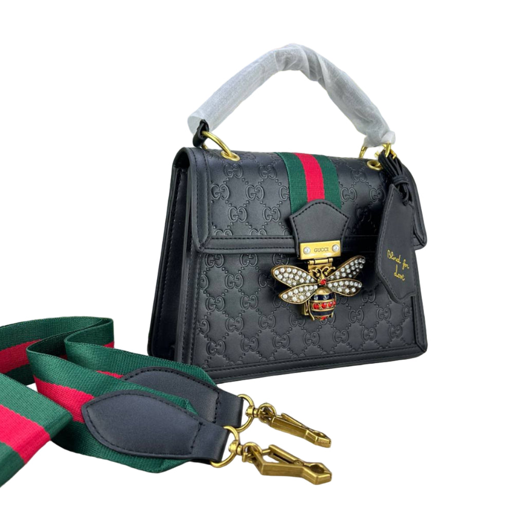 Gucci Queen Margaret Black Embossed Bag with Crystal Bee and Web Strap 🐝🖤❤️