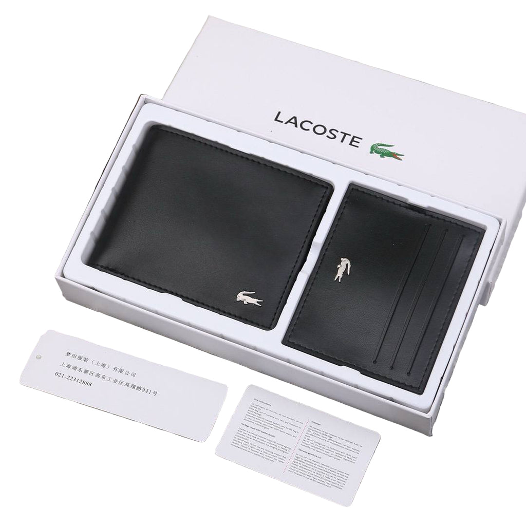 Lacoste Men's Black Leather Bi-Fold Wallet & Card Holder Gift Set 🐊🖤💳
