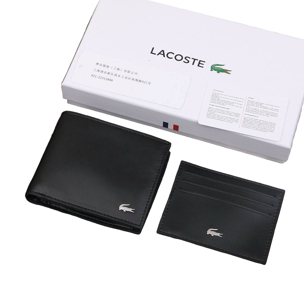 Lacoste Men's Black Leather Bi-Fold Wallet & Card Holder Gift Set 🐊🖤💳