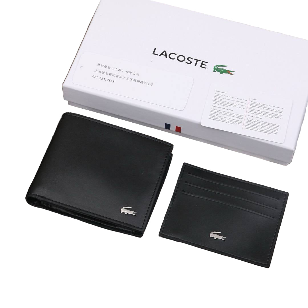 Lacoste Men's Black Leather Bi-Fold Wallet & Card Holder Gift Set 🐊🖤💳