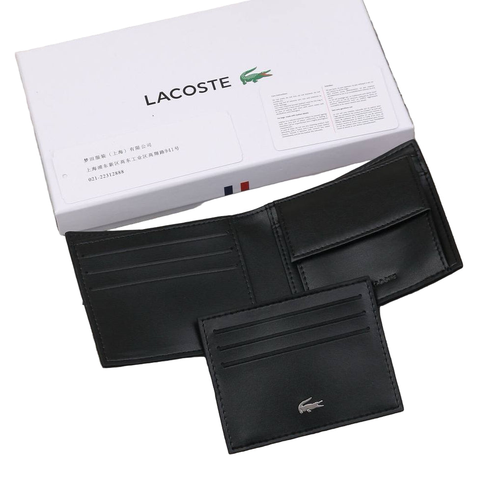 Lacoste Men's Black Leather Bi-Fold Wallet & Card Holder Gift Set 🐊🖤💳