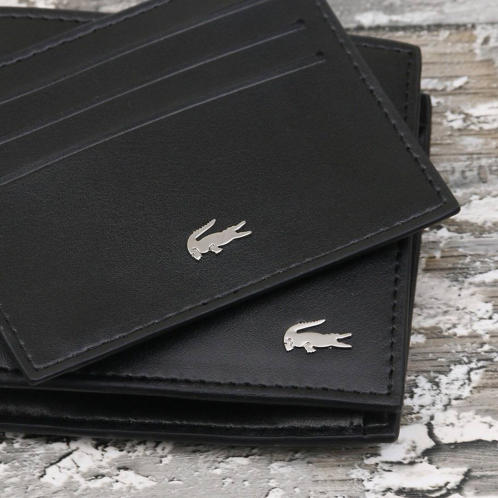 Lacoste Men's Black Leather Bi-Fold Wallet & Card Holder Gift Set 🐊🖤💳
