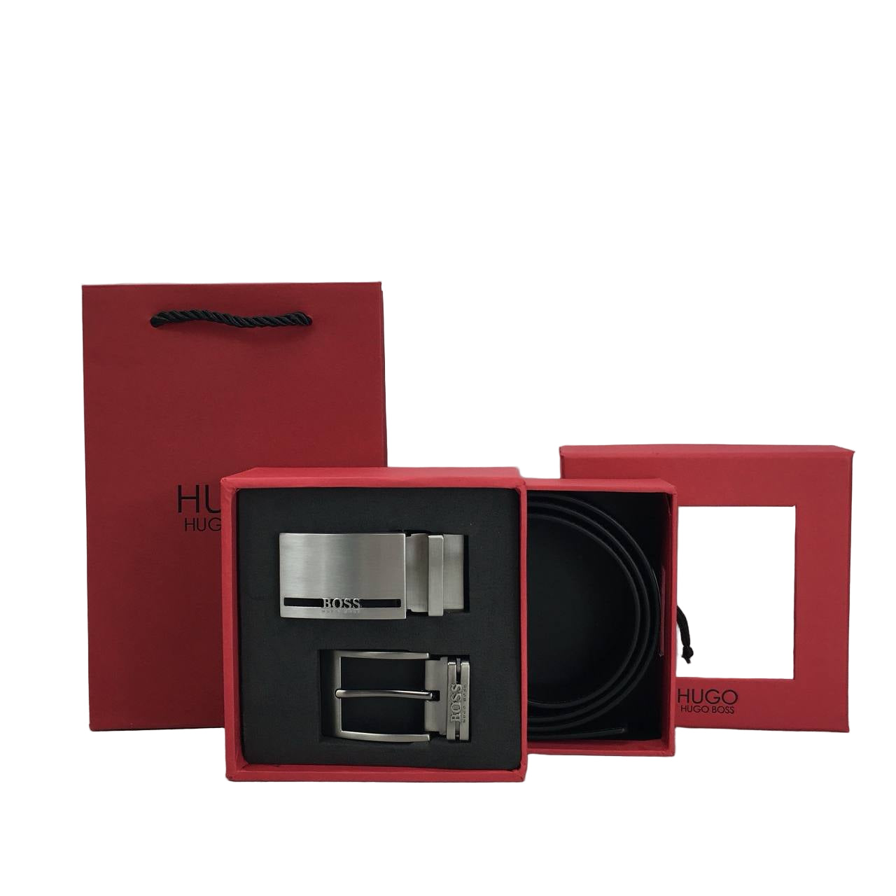 HUGO BOSS Black Reversible Leather Belt Set with Two Logo Buckles 🖤🎁🔴