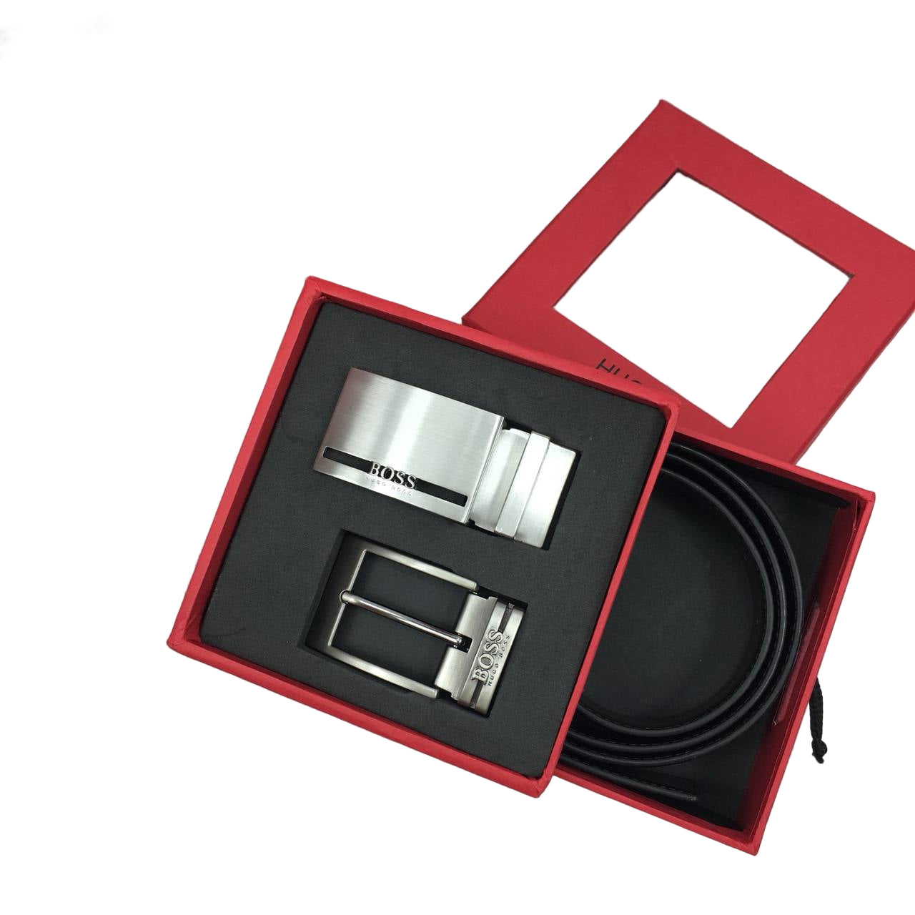 HUGO BOSS Black Reversible Leather Belt Set with Two Logo Buckles 🖤🎁🔴