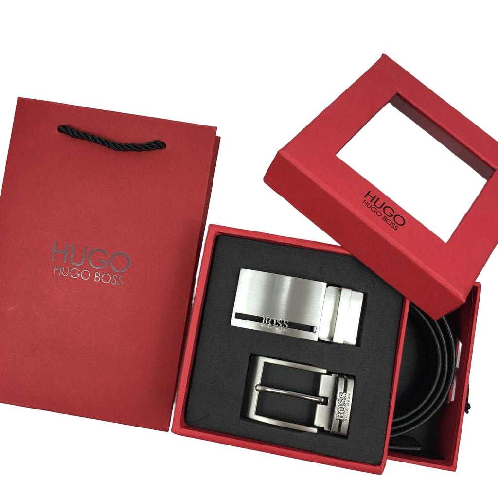 HUGO BOSS Black Reversible Leather Belt Set with Two Logo Buckles 🖤🎁🔴