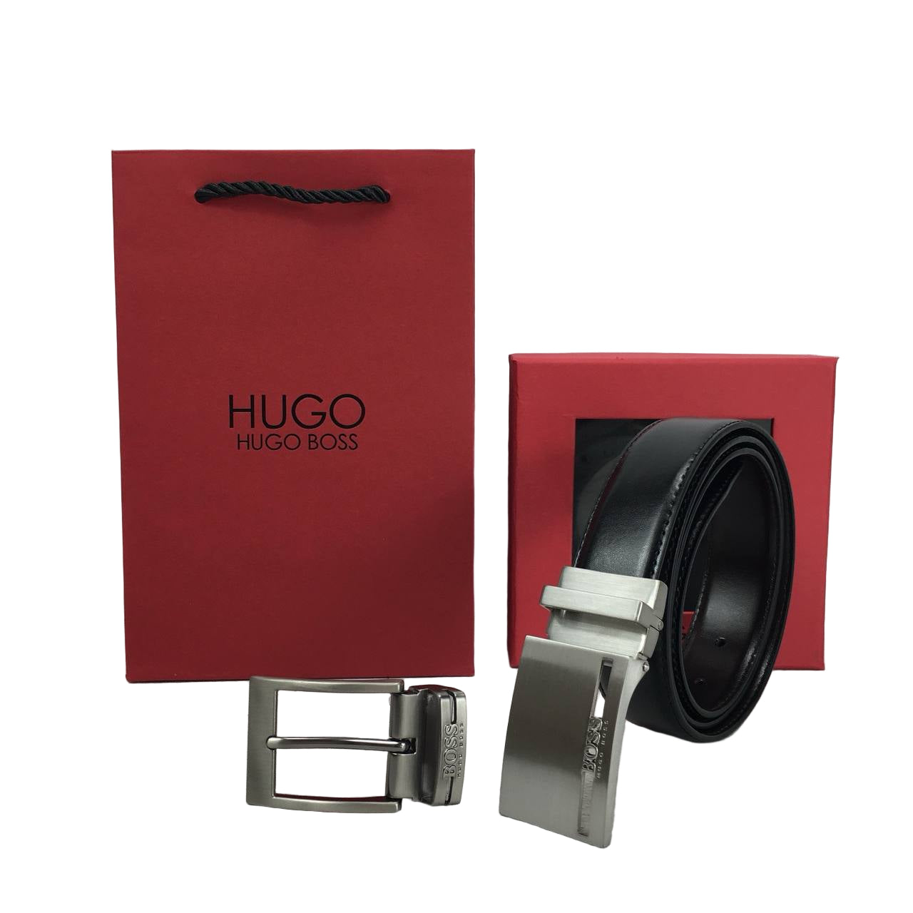 HUGO BOSS Black Reversible Leather Belt Set with Two Logo Buckles 🖤🎁🔴