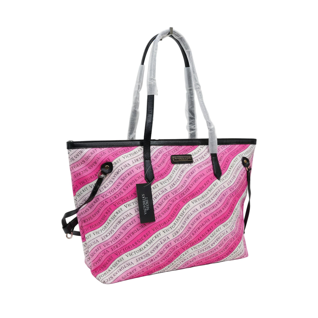 Victoria's Secret Logo Stripe Large Pink & White Tote Shoulder Bag 💖🛍️🎀
