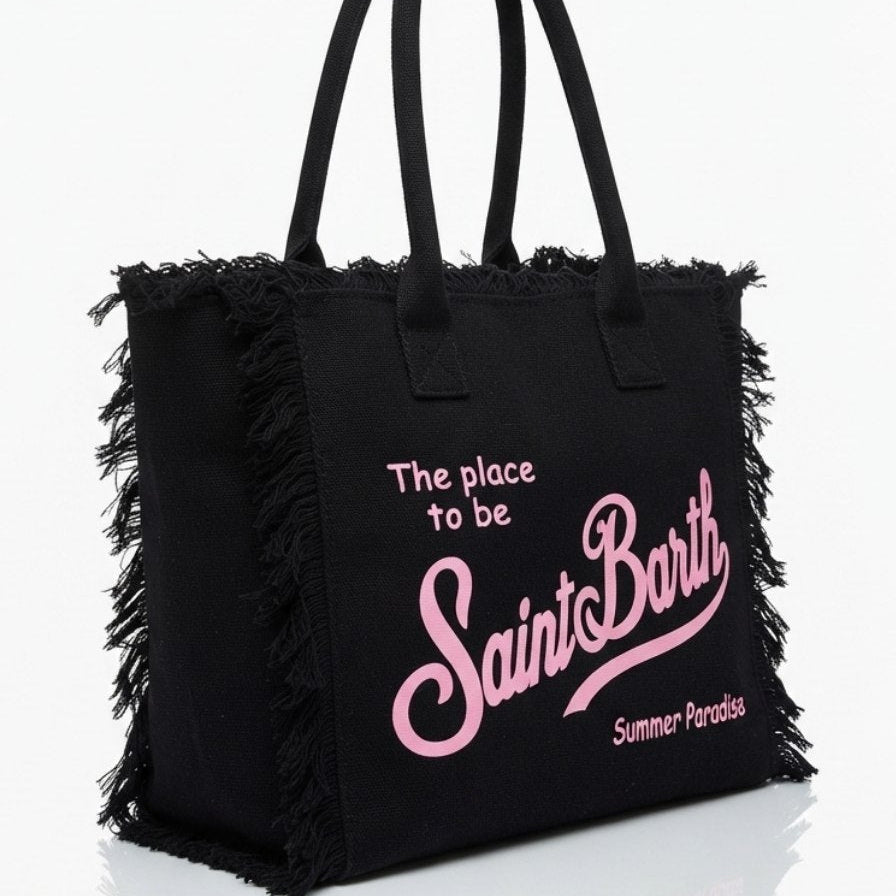 Saint Barth Summer Paradise Canvas Fringed Tote Bag