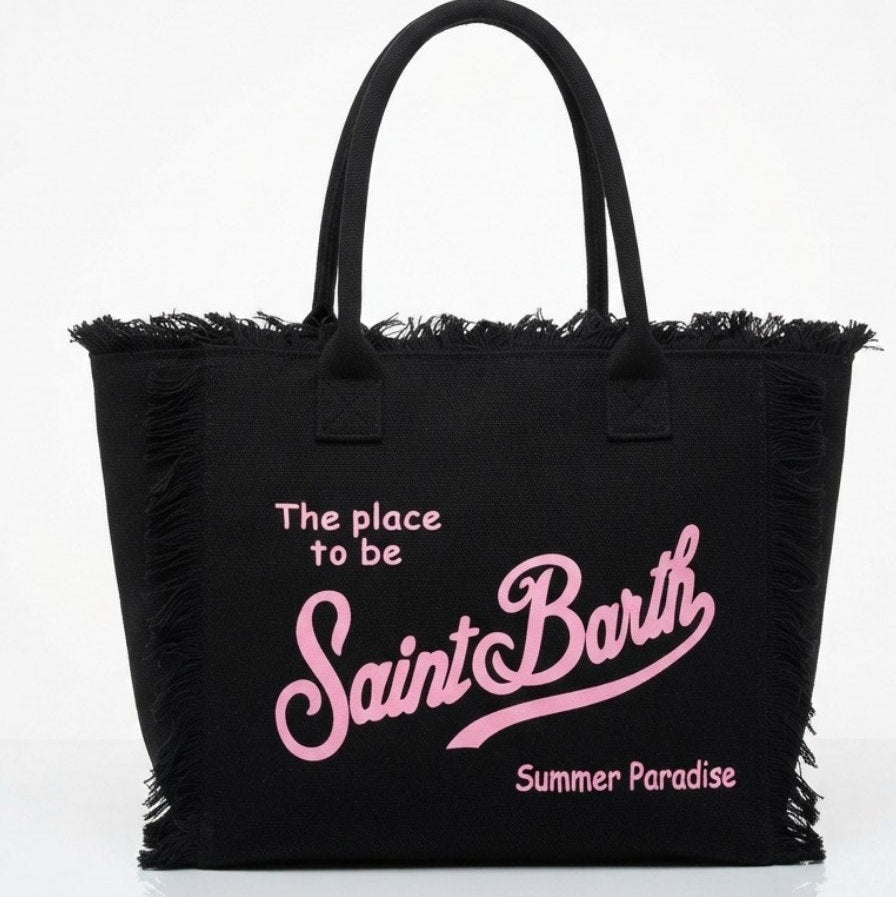 Saint Barth Summer Paradise Canvas Fringed Tote Bag