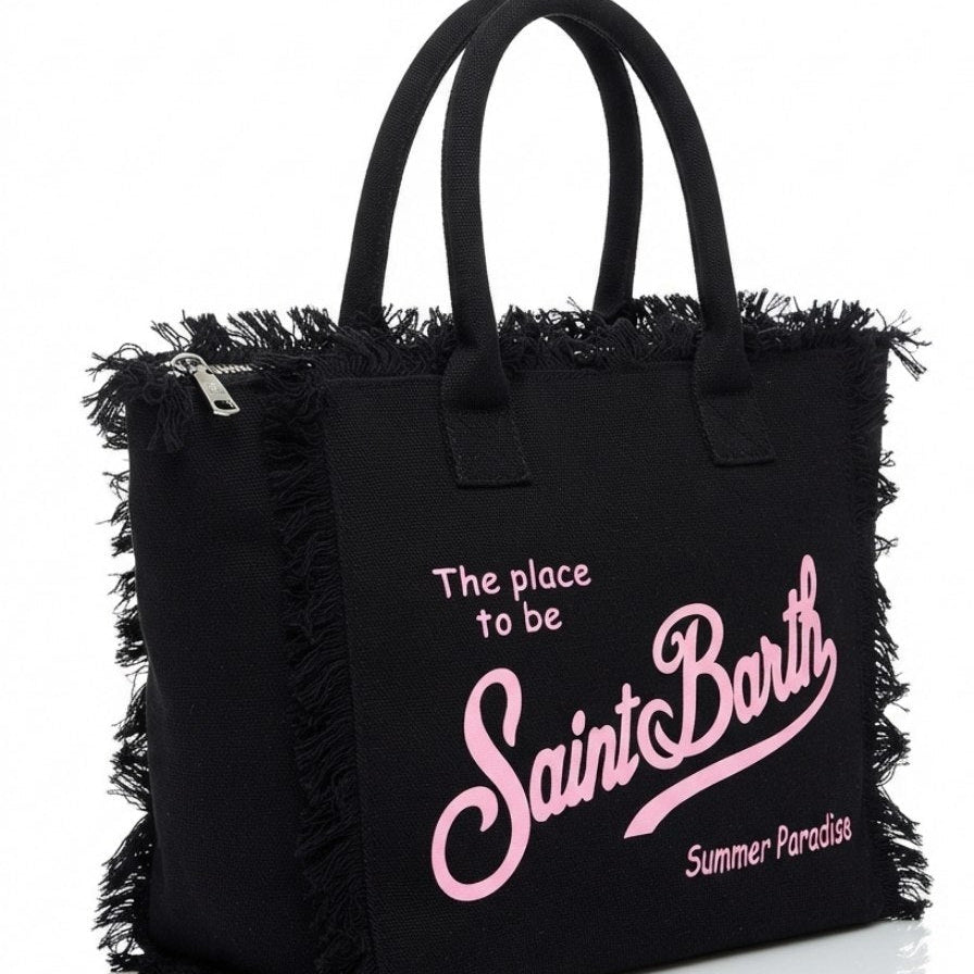 Saint Barth Summer Paradise Canvas Fringed Tote Bag