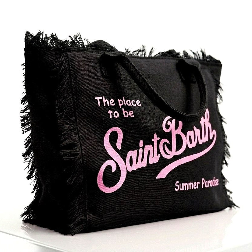 Saint Barth Summer Paradise Canvas Fringed Tote Bag