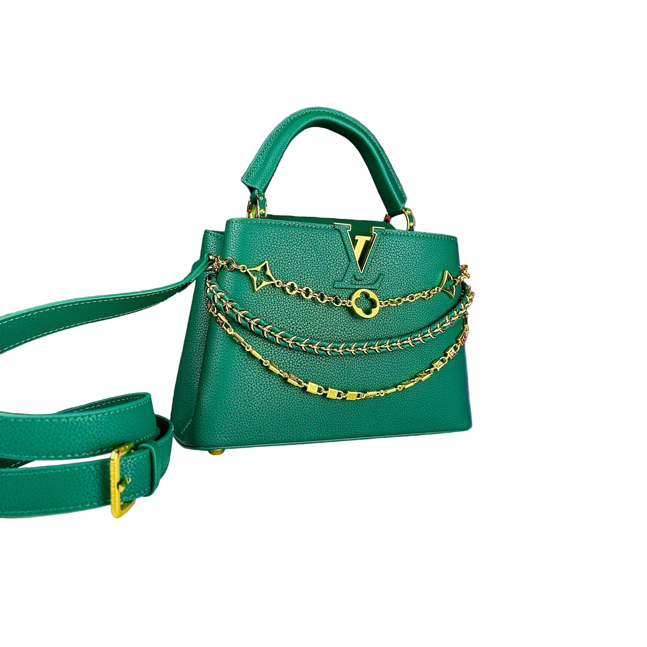 Emerald Green Top Handle Bag with Gold Chain Detailing 💚🔱 chic