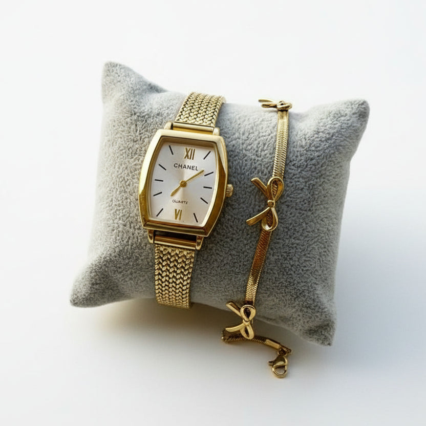 Chanel Gold Tone Rectangular Quartz Watch with Matching Bracelet ⌚✨💛