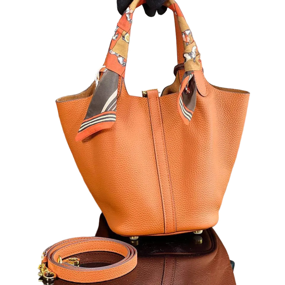 Luxury Pebbled Leather Bucket Tote Bag in Camel Brown 👜🤎✨