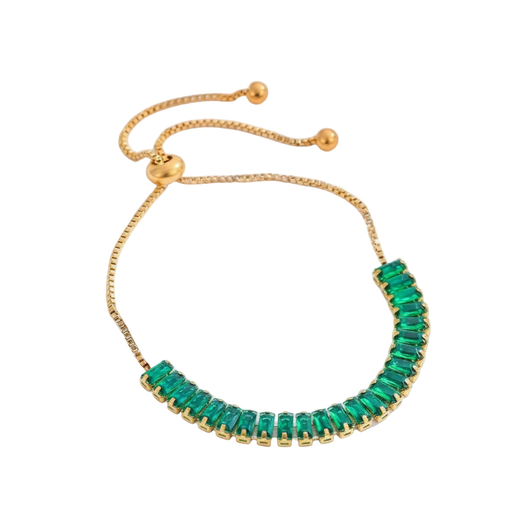 Adjustable Gold-Tone Bolo Bracelet with Vibrant Emerald-Cut Crystals ✨