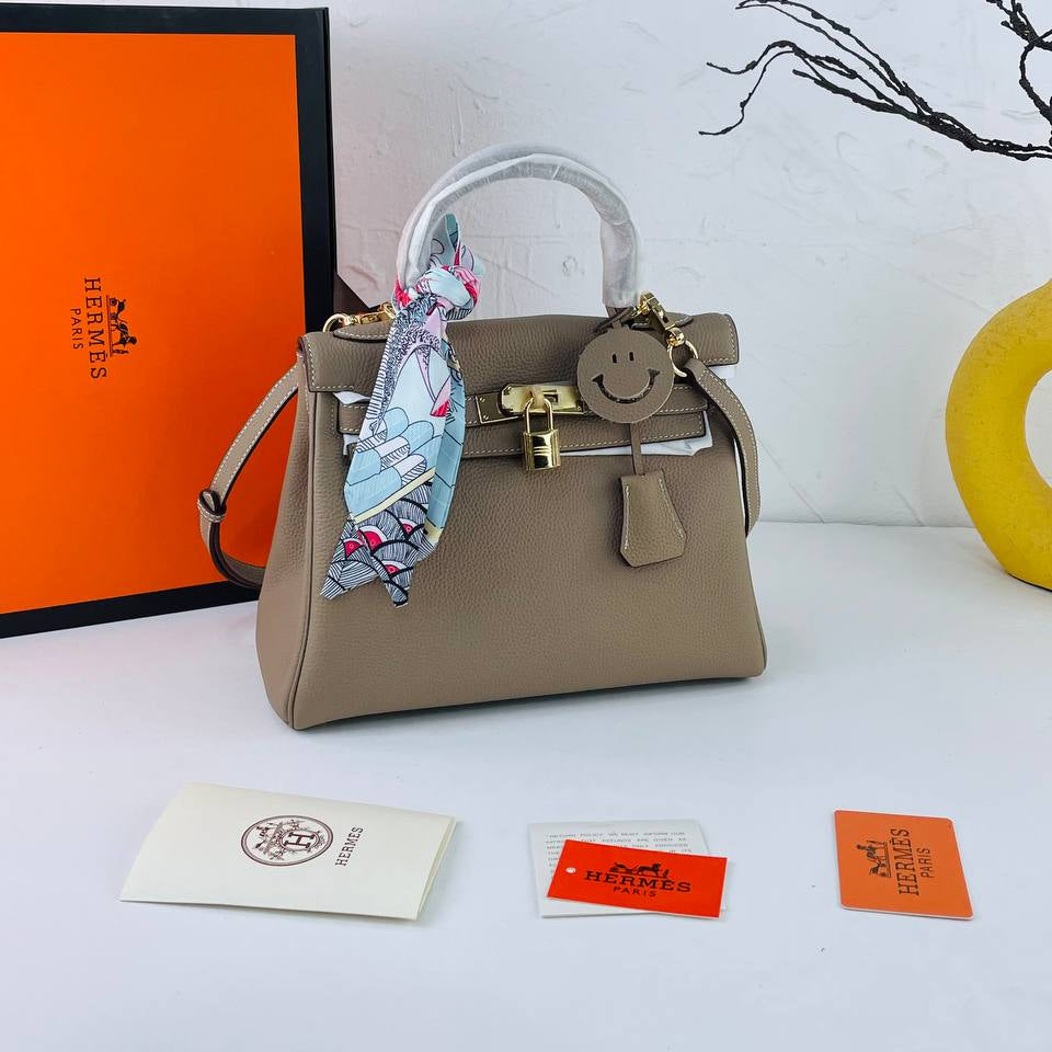 Genuine Leather Structured Handbag with Scarf and Smiley Charm