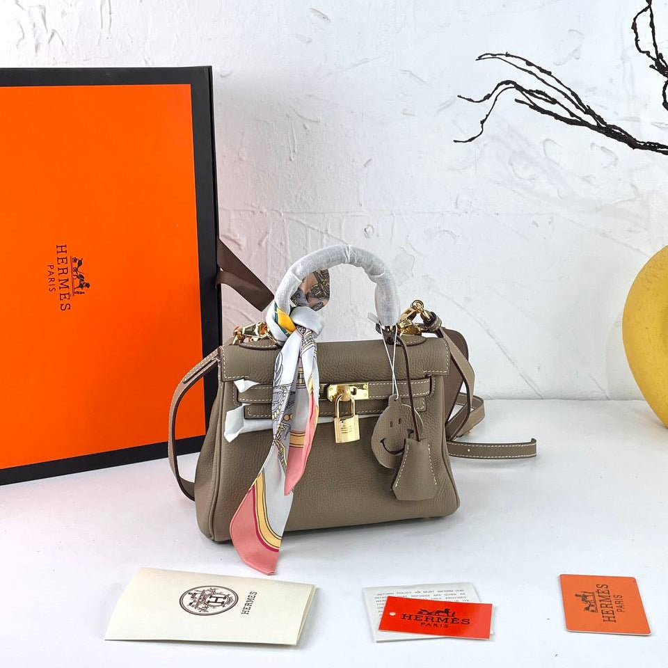 Genuine Leather Structured Handbag with Scarf and Smiley Charm