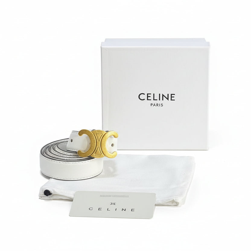 CELINE Triomphe White Leather Belt with Gold Buckle ✨ LUX 🏛️