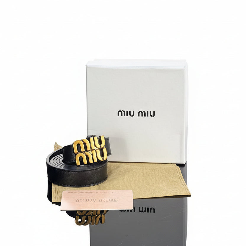 Miu Miu Black Leather Belt with Gold Logo Buckle 🖤✨👑