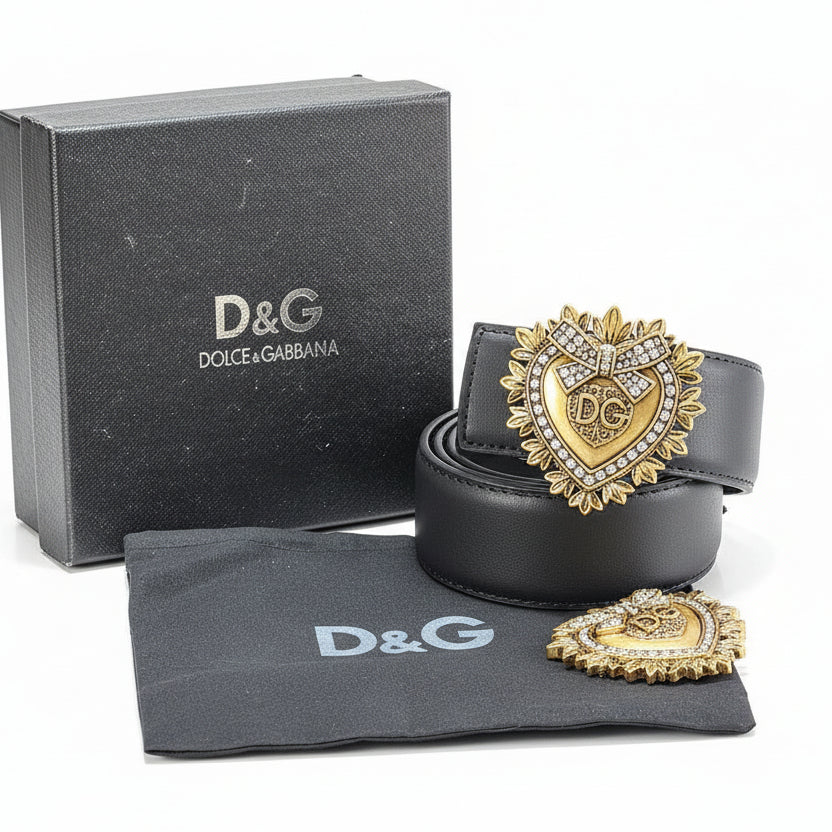 Dolce & Gabbana Leather Belt with Crystal Sacred Heart Buckle 🖤✨👑