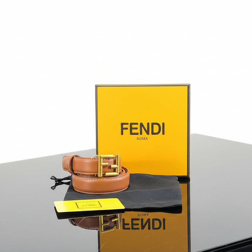 Fendi FF Motif Leather Belt in Tan and Gold 👜✨🏷️