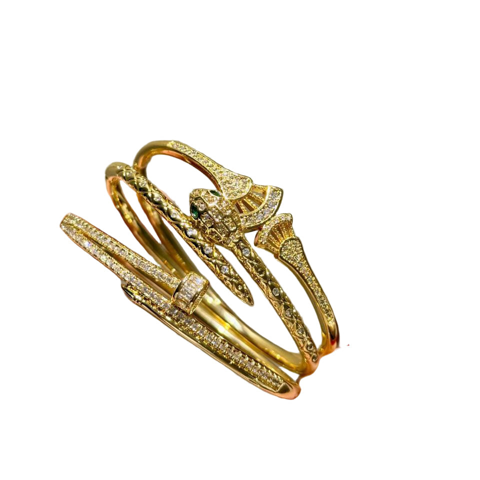 🐍 Emerald-Eyed Serpent & Pavé Stacked Gold Bangle Set 💎✨