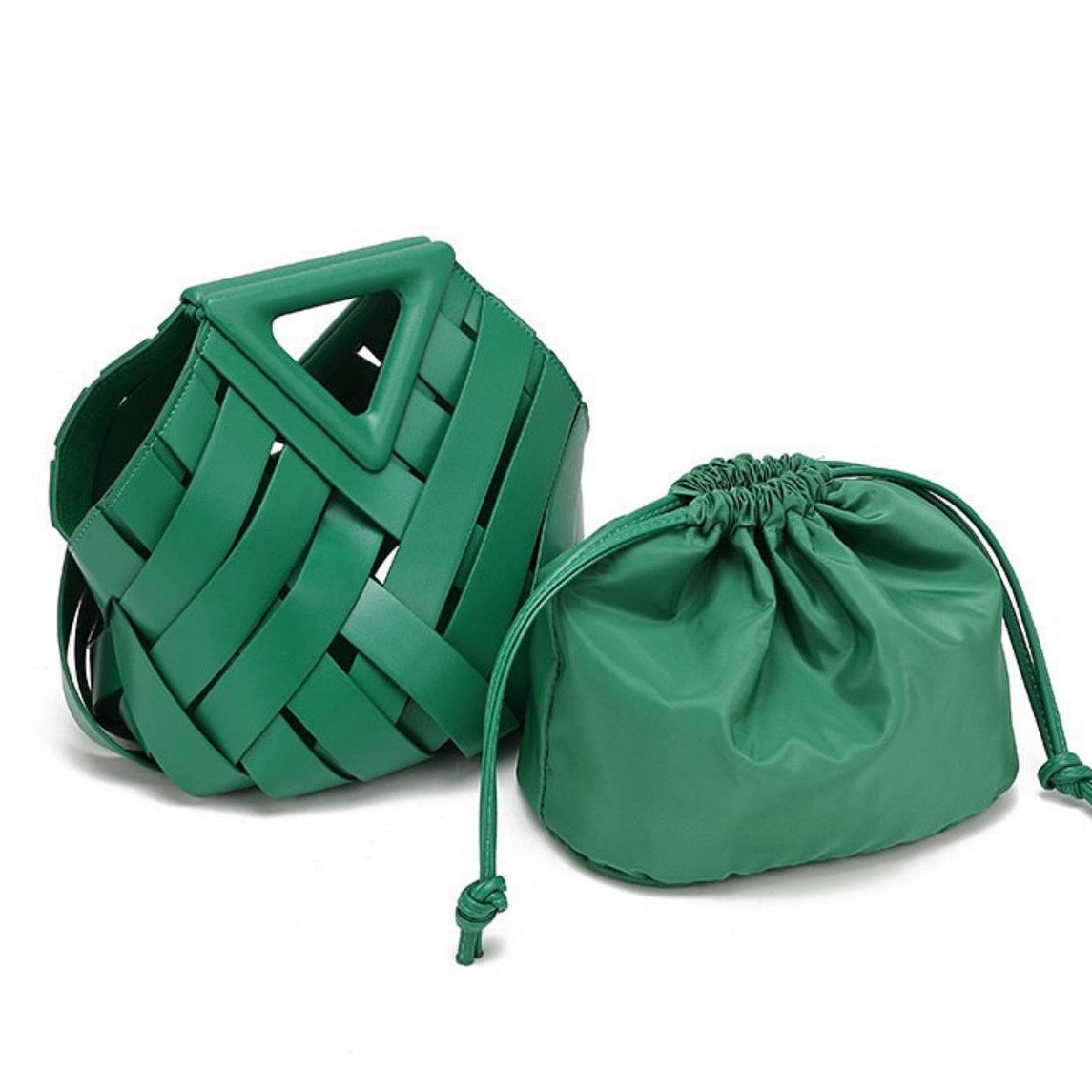 Green Sculpted Basket Weave Handbag with Cutout Handle 🍃🧩✨