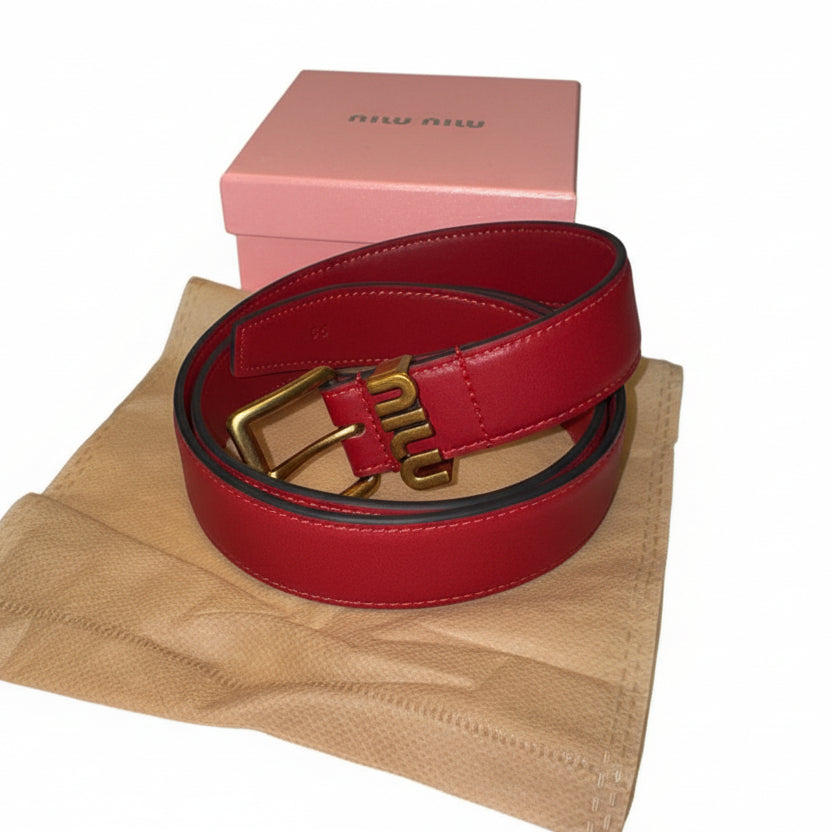 Miu Miu Red Leather Belt with Gold Logo Buckle 🍎✨👠