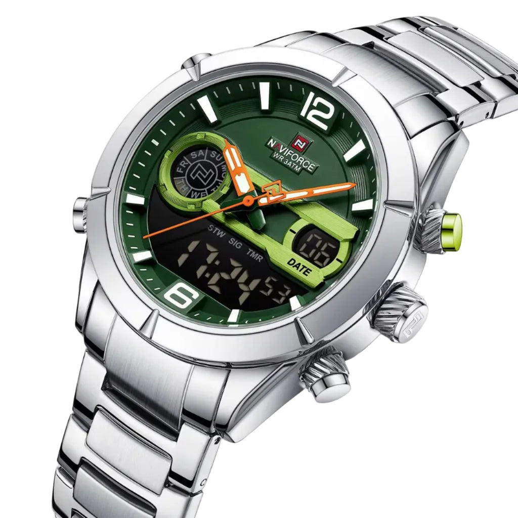 NAVIFORCE Men’s Stainless Steel Dual Display Sport Watch in Emerald Green ⌚🟢✨