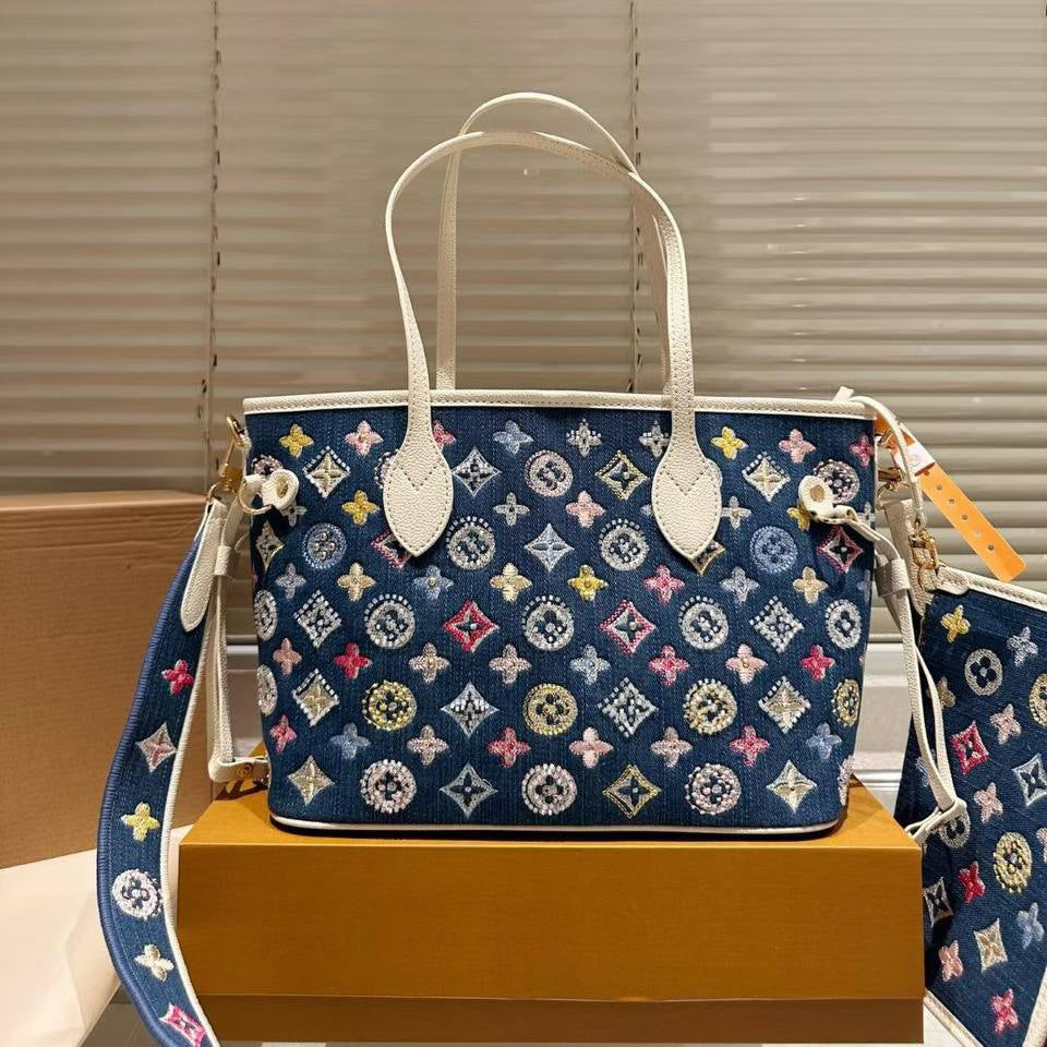 Louis Vuitton Neverfull MM Monogram Embellished Tote Bag with Pouch 👜✨🌈