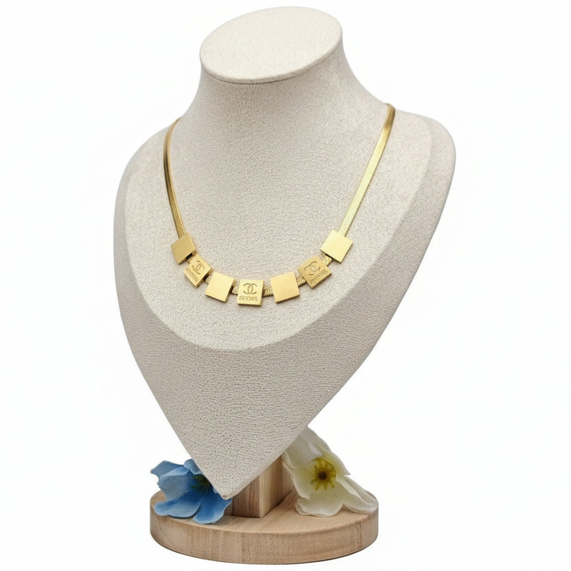 Chanel Inspired Gold Square Charm Herringbone Necklace ✨ 🟨 💎