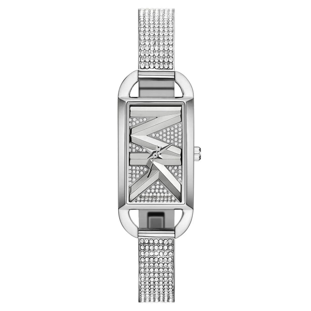 Michael Kors Silver Tone Rectangular Glitz Logo Watch 💎 ✨ ⌚