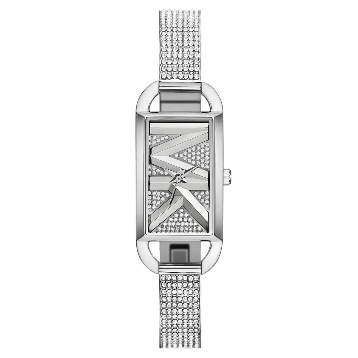 Michael Kors Silver Tone Rectangular Glitz Logo Watch 💎 ✨ ⌚