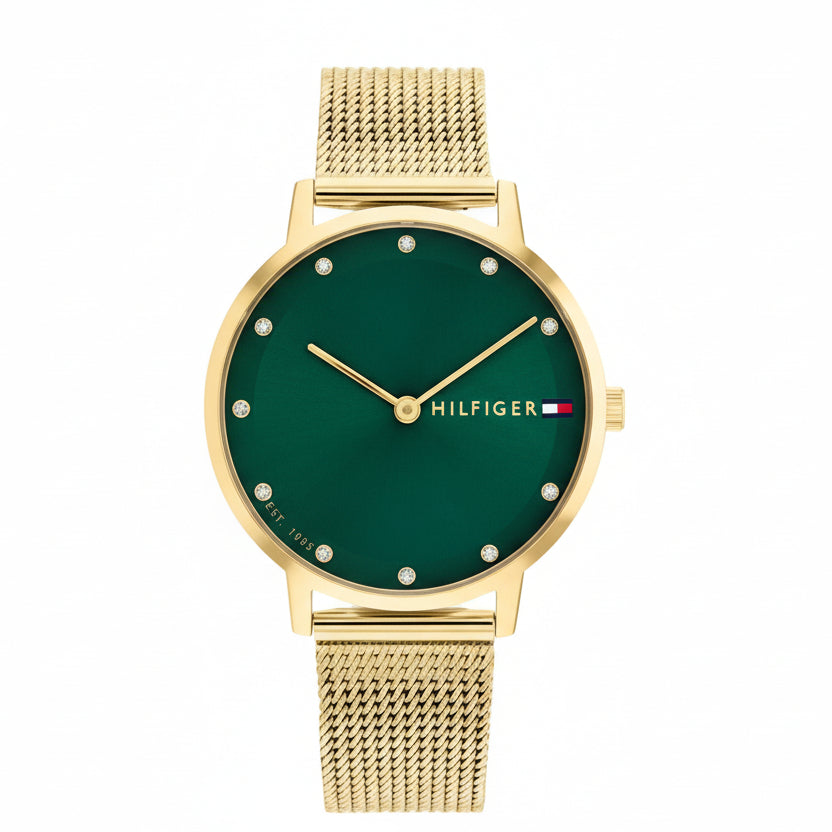 Hilfiger Gold Mesh Watch with Emerald Green Dial ⌚✨💚