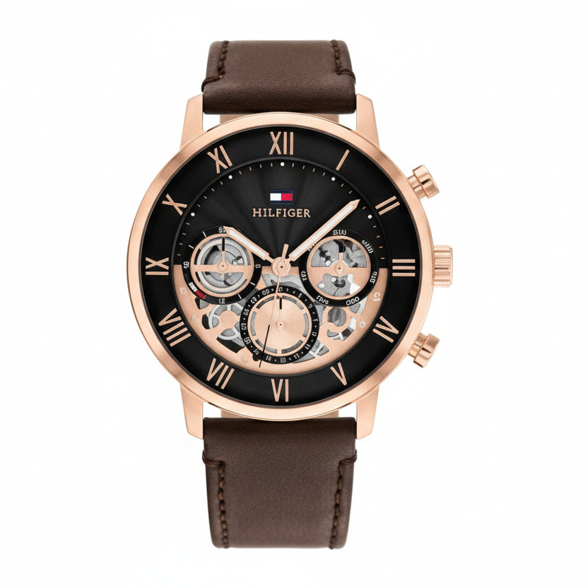 Tommy Hilfiger Men's Rose Gold Skeleton Dial Leather Watch ⌚✨💼