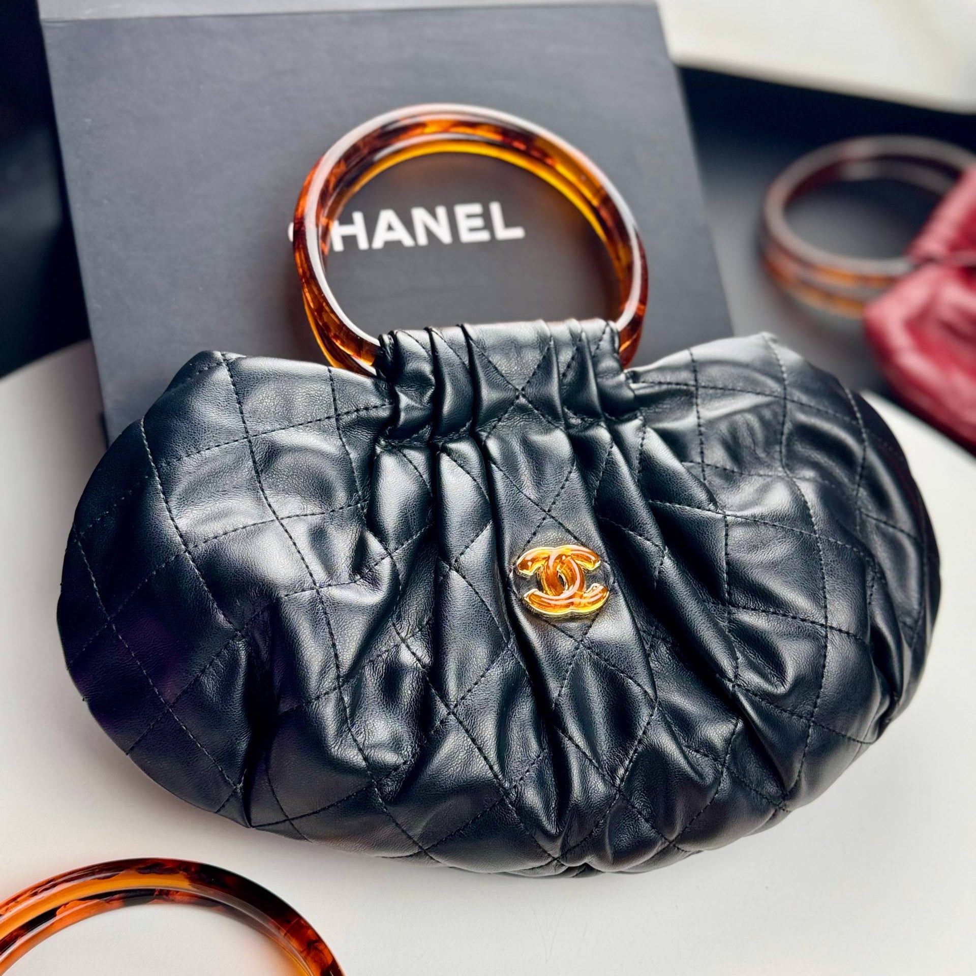 Chanel Quilted Leather Pouch with Tortoise Resin Handle 👜✨💎