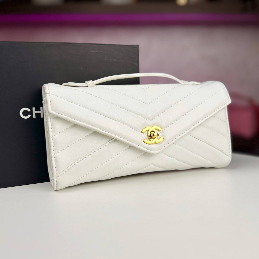 Chanel Chevron Quilted Leather Envelope Clutch with Gold Tone Hardware 🖤✨👜