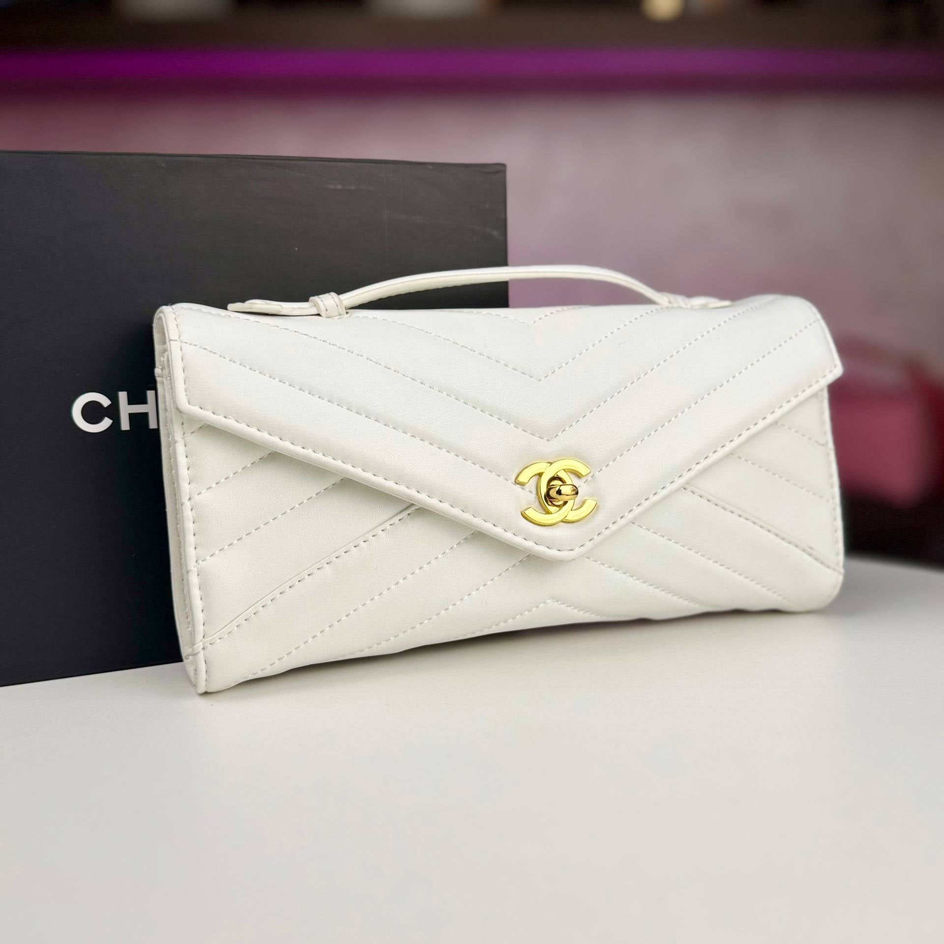Chanel Chevron Quilted Leather Envelope Clutch with Gold Tone Hardware 🖤✨👜