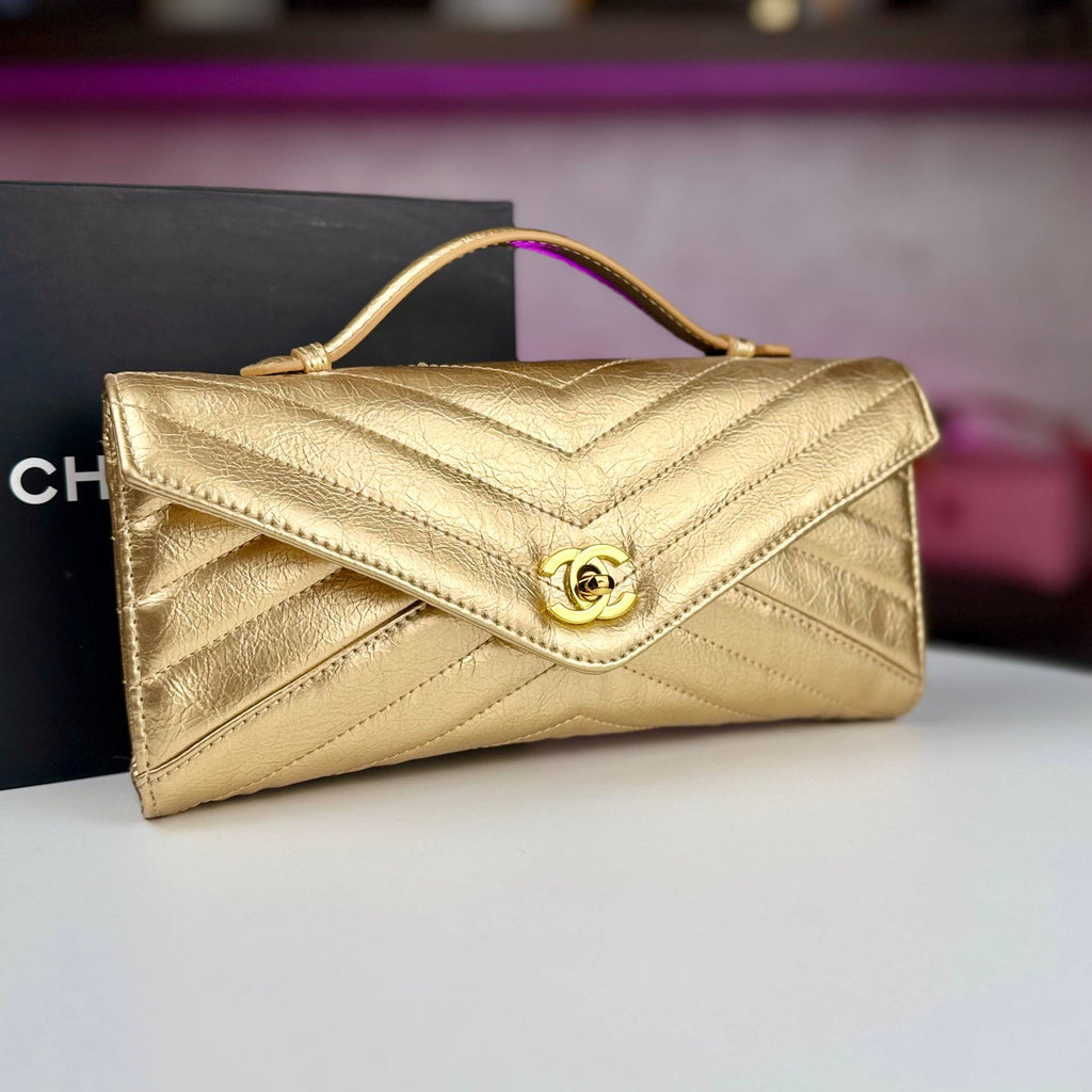 Chanel Chevron Quilted Leather Envelope Clutch with Gold Tone Hardware 🖤✨👜