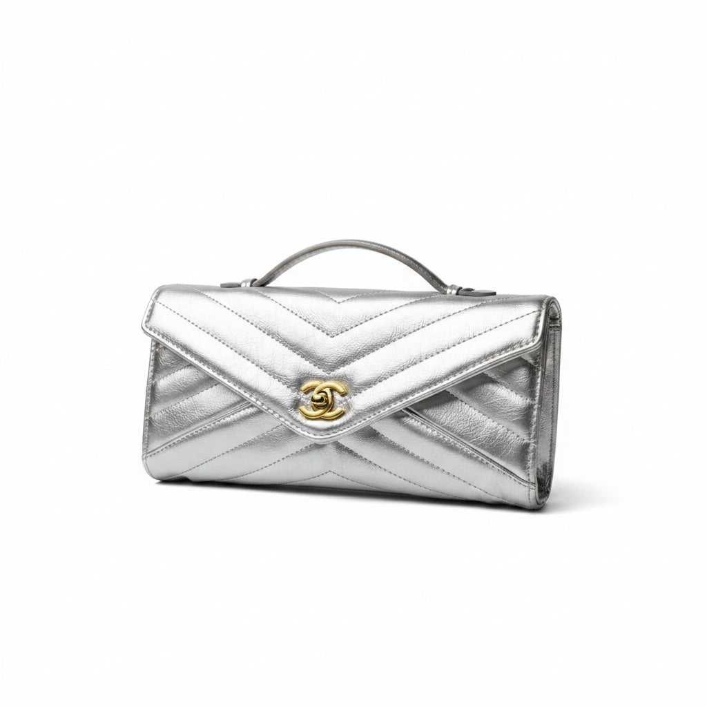 Chanel Chevron Quilted Leather Envelope Clutch with Gold Tone Hardware 🖤✨👜