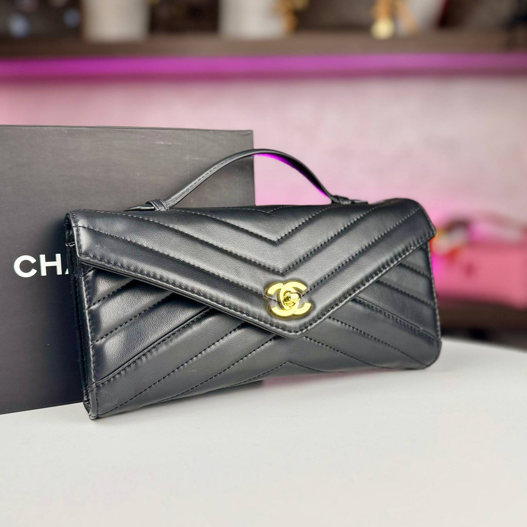Chanel Chevron Quilted Leather Envelope Clutch with Gold Tone Hardware 🖤✨👜