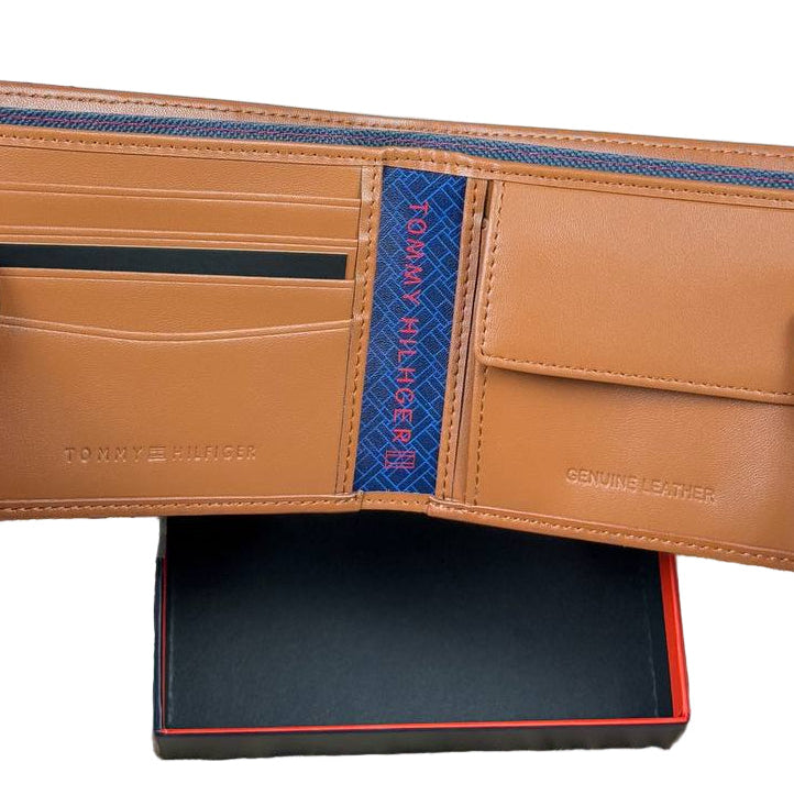 🟫 Tommy Hilfiger Tan Leather Bifold Wallet with Metal TH Monogram and RFID 🔒 ✨