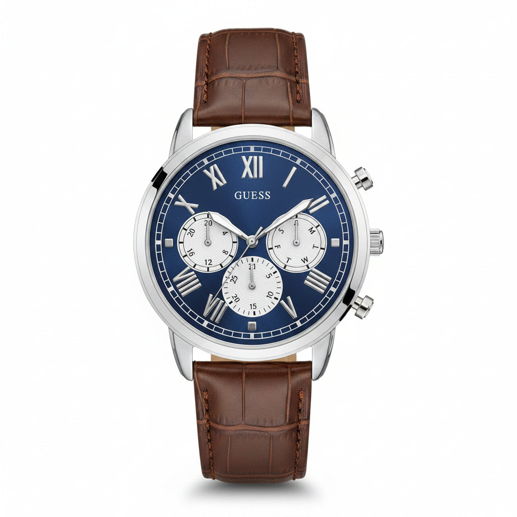 Guess Men's Classic Chronograph Watch with Blue Dial and Brown Leather Strap ⌚ 💙 👞
