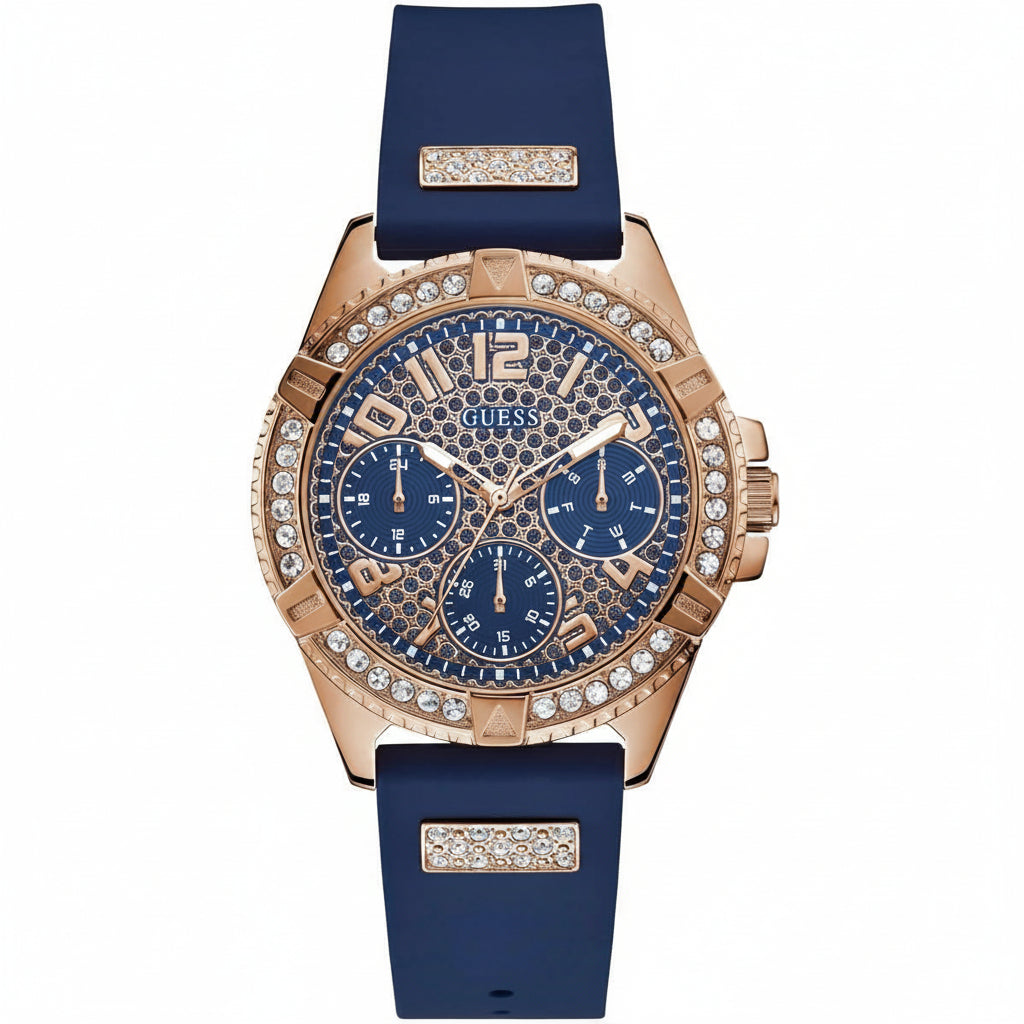 GUESS Rose Gold Tone & Navy Blue Glitz Multifunction Watch ⌚✨💙