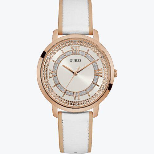 GUESS Women’s Rose Gold Tone Watch with White Leather Strap ⌚✨💎